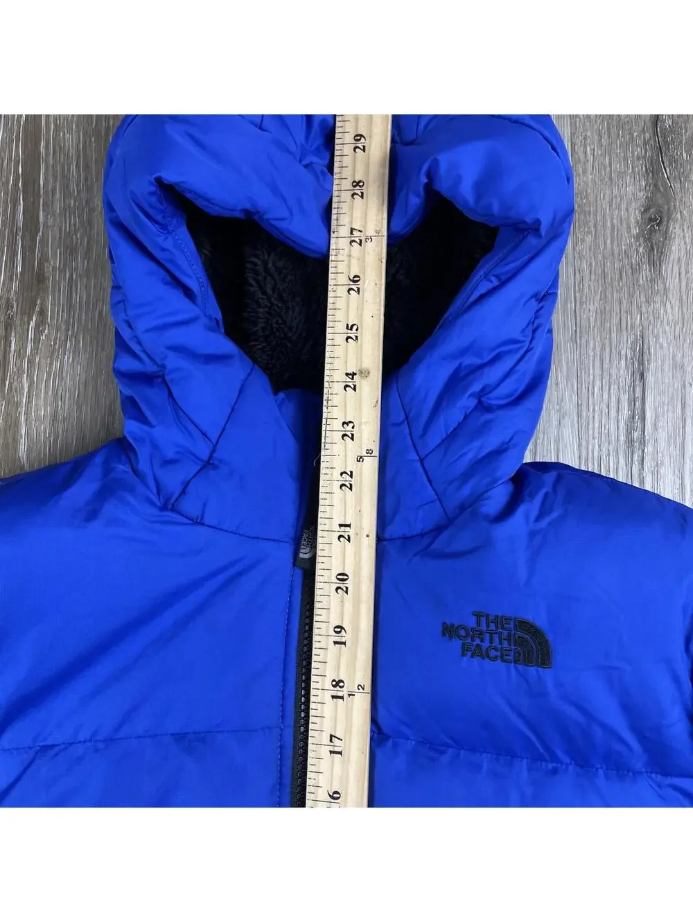 Y2K The North Face Down Sherpa Lined Puffer Jacket 550 Blue Hooded Boys L 14/16